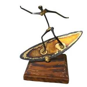 Vintage Handmade Brutalist Surfer Metal Statue Sculpture‎ With Wood Base